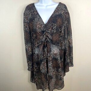 Lane Bryant Bohemian Dark Floral Tunic Top 22 24 Sheer Flare Sleeve Chiffon
